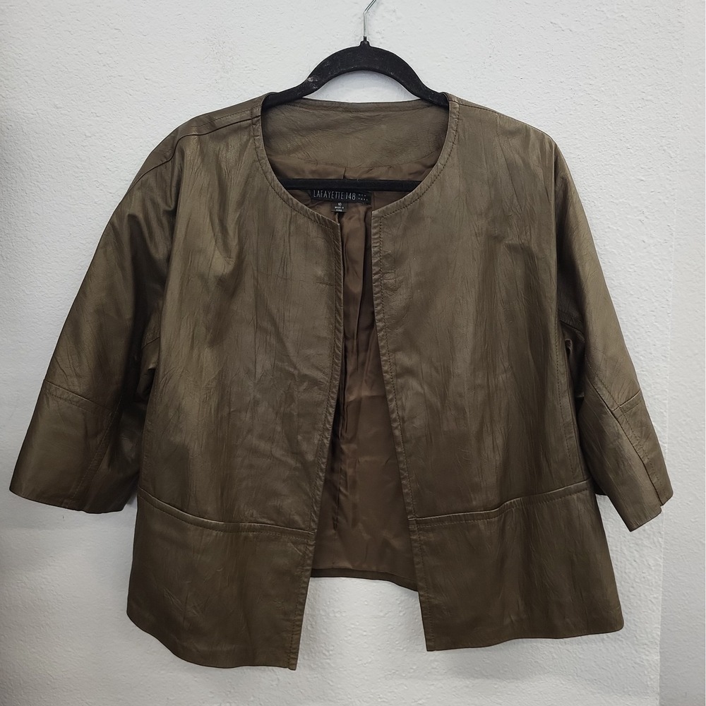 Lafayette 148 NY Crinkle Soft Metalic Leather Open Jacket, Green, Size 10